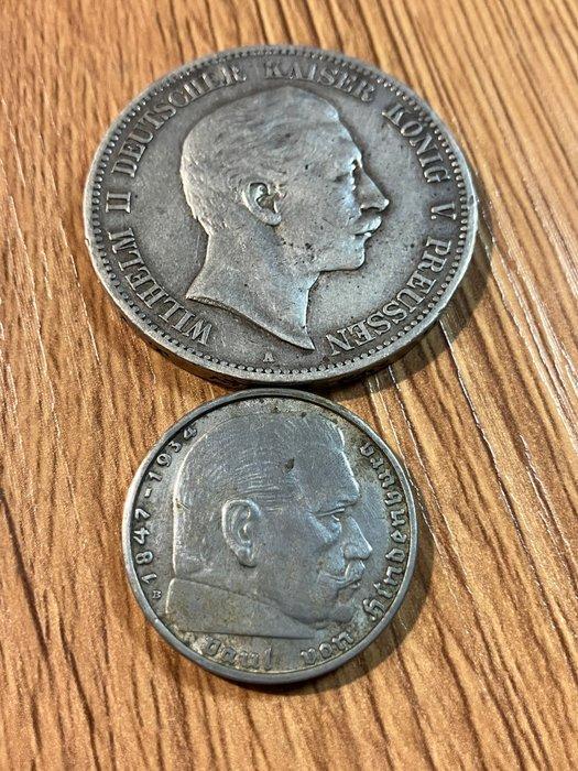 Duitsland. Lot of 2 coins: 2 Reichsmark 1938 & 5 Mark 1907, Postzegels en Munten, Munten | Europa | Niet-Euromunten