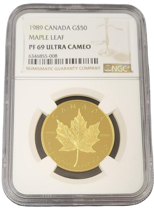 1 oz Gouden 50 Dollar 1989 Maple Leaf PF69 Ultra Cameo NGC, Postzegels en Munten, Munten | Amerika, Noord-Amerika, Losse munt