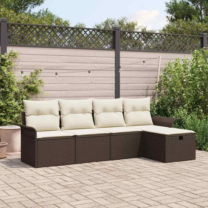 vidaXL Tuin Sofa Set met kussen 5 pcs Bruin en Crème poly, Tuin en Terras, Tuinsets en Loungesets, Nieuw, Rotan, Verzenden