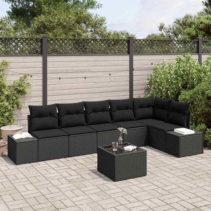 vidaXL Tuin Sofa Set met kussen 7 pcs Zwart poly rattan, Tuin en Terras, Tuinsets en Loungesets, Nieuw, Rotan, Verzenden