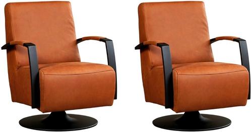Cognac leren industriële draaifauteuils - staal zwart frame, Huis en Inrichting, Fauteuils, 50 tot 75 cm, 75 tot 100 cm, Nieuw