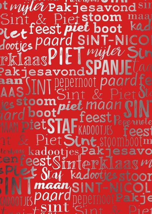 Inpakpapier Sint Handlettering Rood Metallic - Breedte 70 cm, Diversen, Sinterklaas, Nieuw, Ophalen of Verzenden