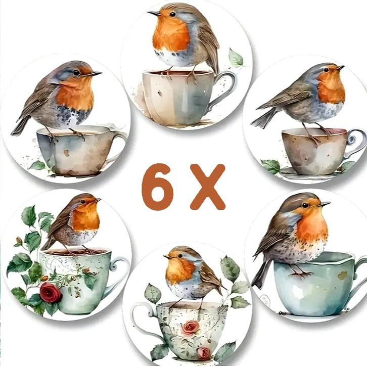 6x Houten Onderzetters met Roodborstjes Vogels –, Huis en Inrichting, Woonaccessoires | Onderzetters, Nieuw, Verzenden