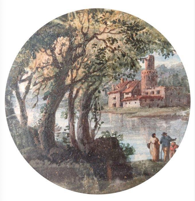 Scuola veneta (XVIII) - Paesaggio con viandanti, Antiek en Kunst, Kunst | Schilderijen | Klassiek