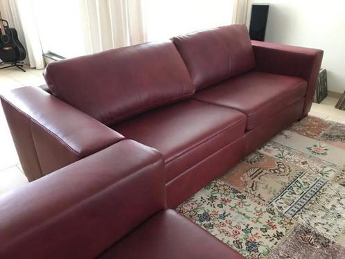 Leren 3.5-zits bank met houten poten - bruin leer - Echt lee, Huis en Inrichting, Banken | Bankstellen, 200 tot 250 cm, 75 tot 100 cm