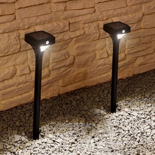 Solar priklampen Move 2 stuks (zwart met bewegingsmelder), Tuin en Terras, Buitenverlichting, Led, Minder dan 50 watt, Nieuw, Rvs