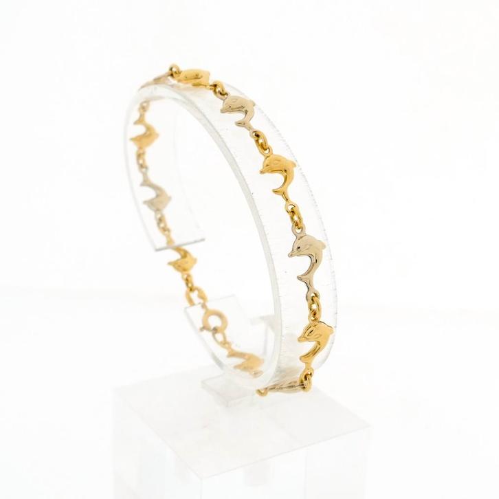 18 krt. Bicolor gouden armband van dolfijnen | 19,5 cm, Sieraden, Tassen en Uiterlijk, Armbanden, Overige kleuren, Gebruikt, Goud