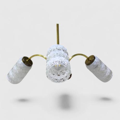 Vintage plafondlamp - 3-armig, messing, glas jaren 50/60, Huis en Inrichting, Lampen | Plafondlampen, Zo goed als nieuw, Glas