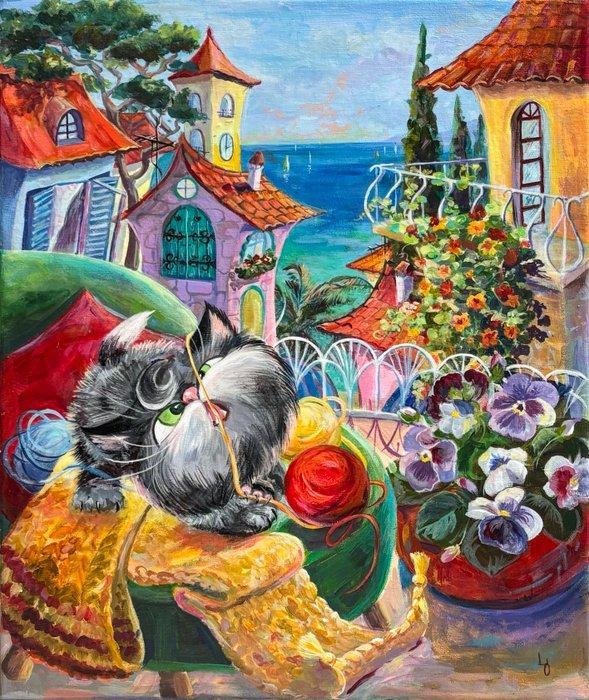 Elena Leshukova - Cat And Violets, Antiek en Kunst, Kunst | Schilderijen | Modern