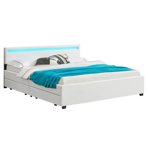 Gestoffeerd Bed Lyon - 180 x 200 cm - Wit - LED & Bedlades, Huis en Inrichting, Slaapkamer | Bedden, 180 cm, 200 cm, Wit, Tweepersoons