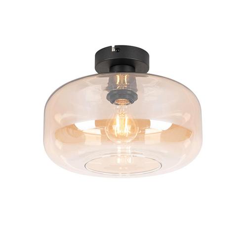 Art deco plafondlamp zwart met amber glas - Bizle, Huis en Inrichting, Lampen | Plafondlampen, Nieuw, Glas