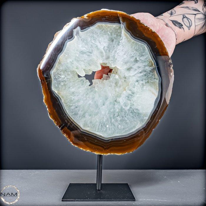 Natuurlijke agaat-carneol-schijf op metalen standaard uit, Verzamelen, Mineralen en Fossielen