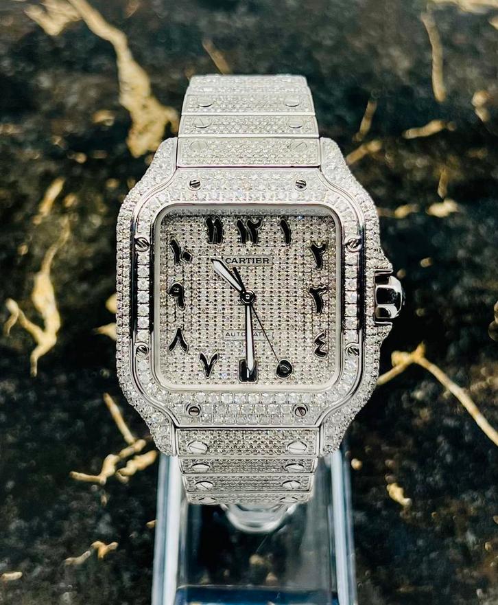 Cartier Santos - Arab Pave Dial - Large- Iced Out - Diamonds, Sieraden, Tassen en Uiterlijk, Horloges | Heren, Staal, Nieuw, Staal