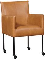 Set van 6 cognac leren eetkamerstoelen - met wieltjes en arm, Overige kleuren, Nieuw, Leer, Ophalen of Verzenden