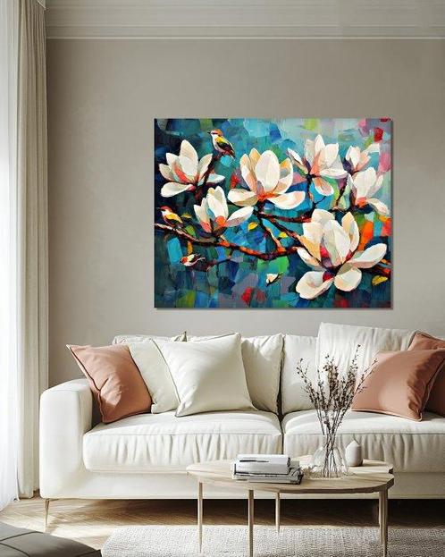Michael Mey - Birds on Magnolia Tree - XL, Antiek en Kunst, Kunst | Schilderijen | Modern