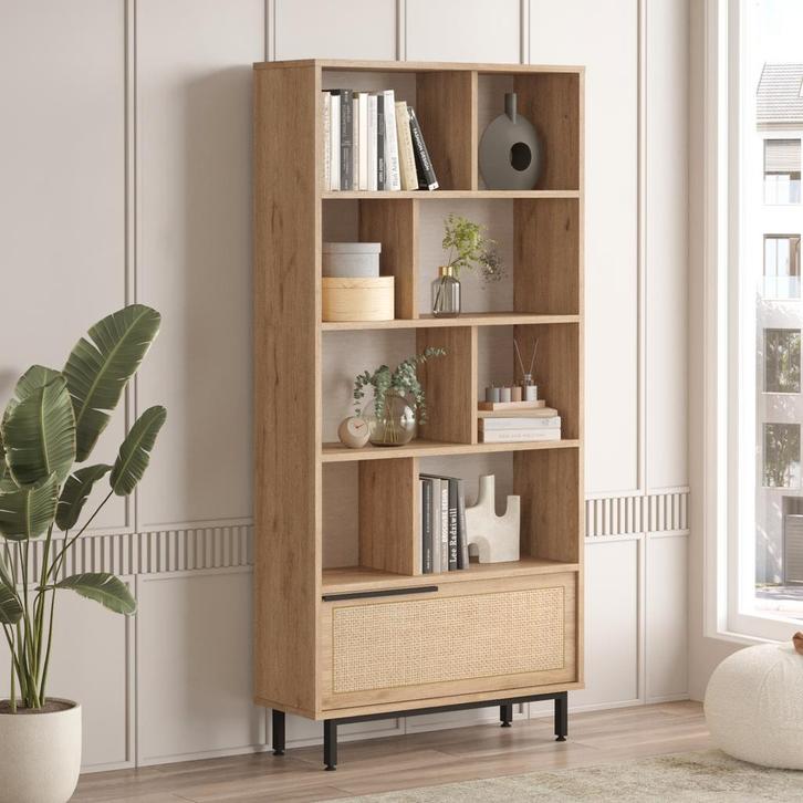 Boekenkast Kvænangen 175,5x84x29,5 cm eiken rotan look zwart, Huis en Inrichting, Woonaccessoires | Wandplanken en Boekenplanken