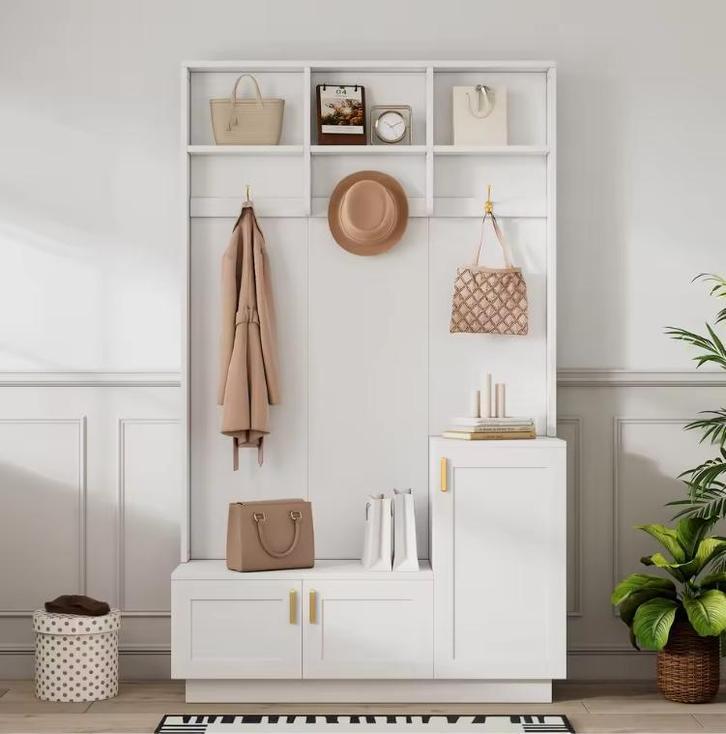 Halboom met Bank en Schoenenrek – 200×120×40 cm, Wit, Ruim, Huis en Inrichting, Kasten | Kledingkasten, Nieuw, Verzenden