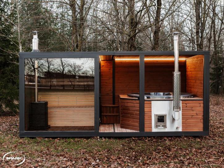 Buitensauna thermowood incl. hottub hout prefab geleverd, Sport en Fitness, Sauna, Fins of Traditioneel, Complete sauna, Nieuw