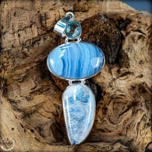 Hanger van natuurlijk aquamarijn, blauwe agaat en, Verzamelen, Mineralen en Fossielen