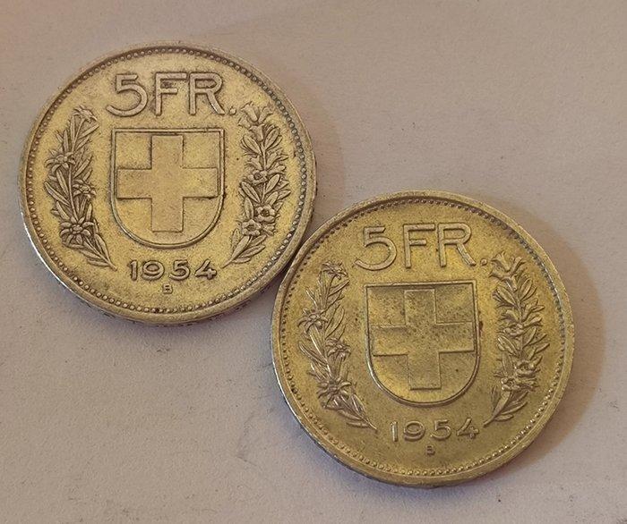 Zwitserland, Bern 5 Francs 2x 1954 (Zonder Minimumprijs), Postzegels en Munten, Munten | Europa | Niet-Euromunten