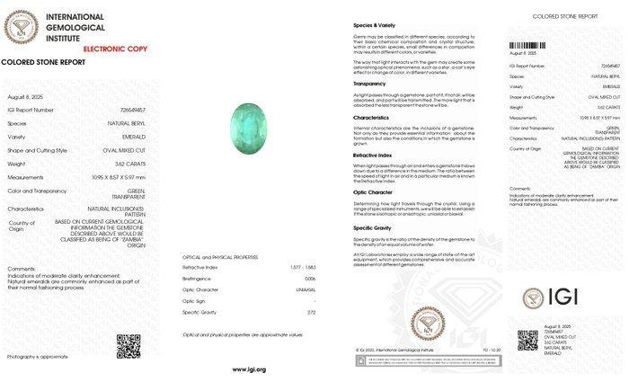 1 pcs Groen Smaragd - 3.62 ct - International Gemological, Sieraden, Tassen en Uiterlijk, Edelstenen