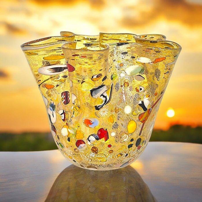 Filippo Maso - Vaas - Grote amber zakdoek met zilveren blad, Antiek en Kunst, Antiek | Glas en Kristal