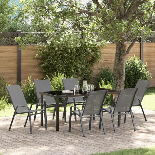 vidaXL 7-delige Tuinset Set textileen en staal grijs, Tuin en Terras, Tuinsets en Loungesets, Tuinset, Nieuw, Verzenden