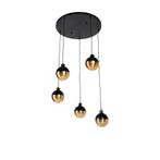 Industriële hanglamp zwart met messing 5-lichts - Haicha, Nieuw, Overige materialen, Industrieel, 75 cm of meer