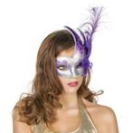 Zilveren oogmasker met paarse veer - Venetiaanse maskers, Ophalen of Verzenden, Nieuw