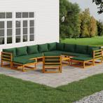 vidaXL 12-delige Loungeset met groene kussens massief hout, Tuin en Terras, Verzenden, Nieuw, Hardhout, Loungeset