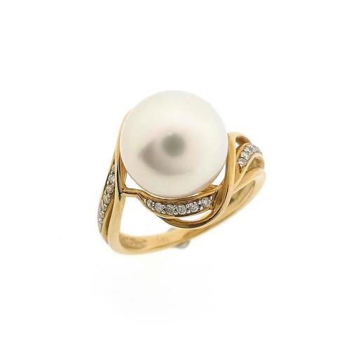 Vintage gouden ring met parel en diamant | 0,13 ct., Sieraden, Tassen en Uiterlijk, Ringen, Dame, Met edelsteen, Overige kleuren