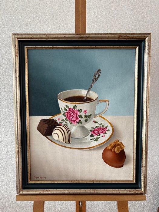 Bojan Gurbaj - Kopje koffie met chocolade bonbons, Antiek en Kunst, Kunst | Schilderijen | Modern