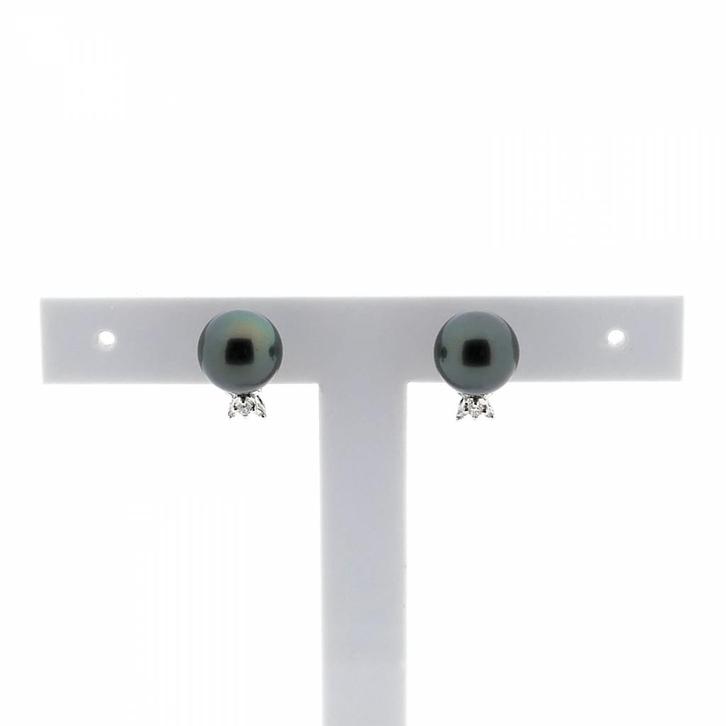 Witgouden oorbellen met Tahiti parel en diamanten; 0,04 ct., Sieraden, Tassen en Uiterlijk, Oorbellen, Overige kleuren, Gebruikt