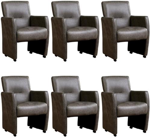 Set van 6 Donkergrijze leren moderne eetkamerfauteuils - Vin, Huis en Inrichting, Stoelen, Vijf, Zes of meer stoelen, Overige kleuren