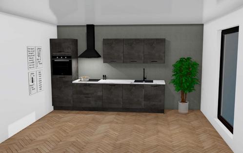 Actie! Nieuwe zwarte betonlook keuken met marmerlook blad, Huis en Inrichting, Keuken | Complete keukens, Enkelwandige keuken