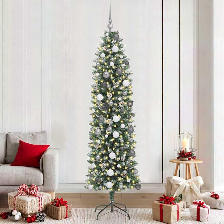 vidaXL Kunstmatige slanke kerstboom met 300 LED Groen 210 cm, Diversen, Kerst, Nieuw, Verzenden