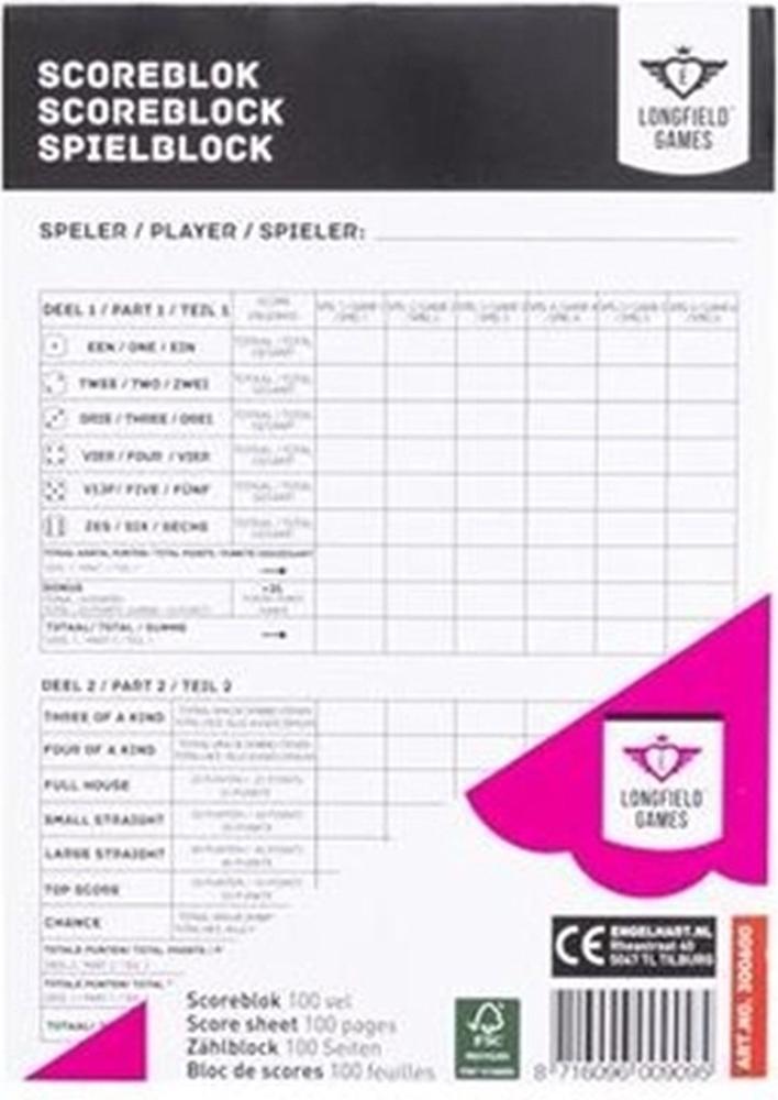 Scoreblok Yahtzee | Longfield - Spelonderdelen, Hobby en Vrije tijd, Gezelschapsspellen | Bordspellen, Nieuw, Verzenden