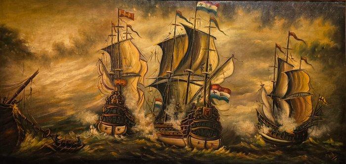 Nederlandse school (XX) - Grande scena di battaglia navale, Antiek en Kunst, Kunst | Schilderijen | Klassiek
