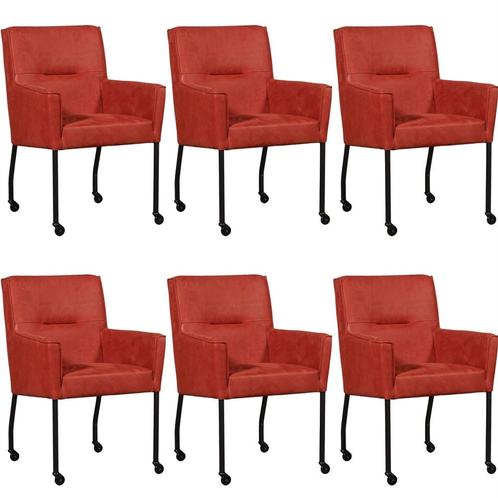 Set van 6 Rode leren moderne eetkamerstoelen - Kenia Leer Bu, Huis en Inrichting, Stoelen, Vijf, Zes of meer stoelen, Overige kleuren