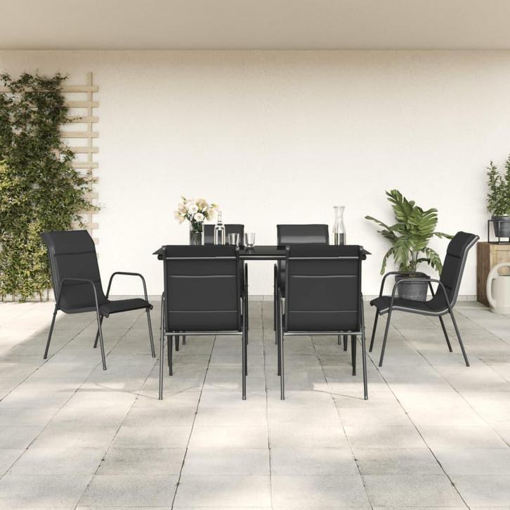 vidaXL 7-delige Tuinset textileen en staal zwart, Tuin en Terras, Tuinsets en Loungesets, Tuinset, Nieuw, 6 zitplaatsen, Rvs, Verzenden