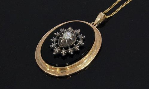 Hanger - 14 karaat Geel goud Diamant (Natuurlijk) - Onyx -, Sieraden, Tassen en Uiterlijk, Antieke sieraden