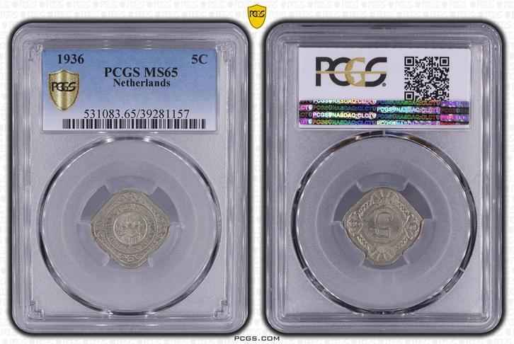 Koningin Wilhelmina 5 cent 1936 MS65 PCGS gecertificeerd, Postzegels en Munten, Munten | Nederland, Losse munt, 5 cent, Koningin Wilhelmina