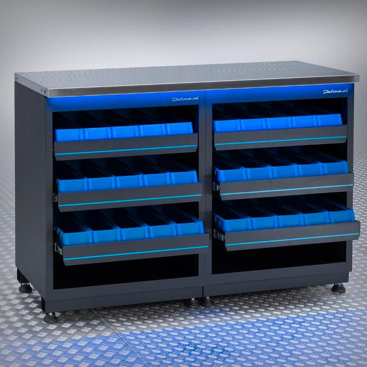 Datona Werkbank PREMIUM RVS werkblad met opbergbakken – 136, Doe-het-zelf en Verbouw, Werkbanken, Nieuw, Ophalen of Verzenden