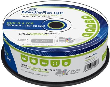 MediaRange | DVD-R | 4.7 GB | Inkjet Printable | 25 Stuks, Computers en Software, Beschrijfbare discs, Nieuw, Verzenden