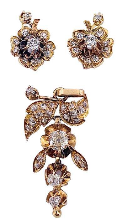 2-delige sieradenset - 18 karaat Geel goud Diamant, Sieraden, Tassen en Uiterlijk, Antieke sieraden