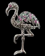 Zilver, Broche Art Déco Roze Flamingo Rubis, Saffier &