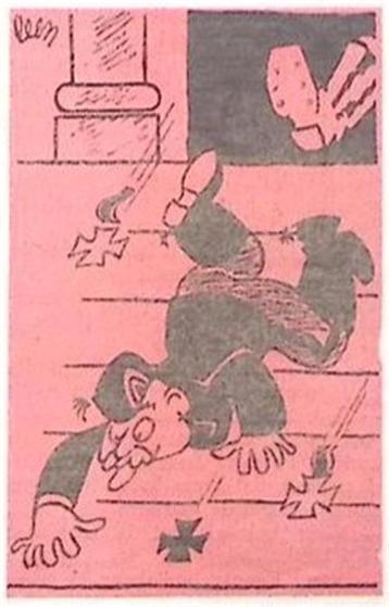 Spotprent met uit gebouw getrapte man (lijst optie, Lithos) beschikbaar voor biedingen