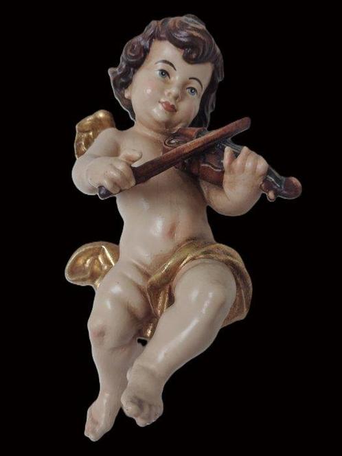 Woodcarving - Snijwerk, Holzfigur - farbiger Engel mit Geige, Antiek en Kunst, Antiek | Boeken en Bijbels