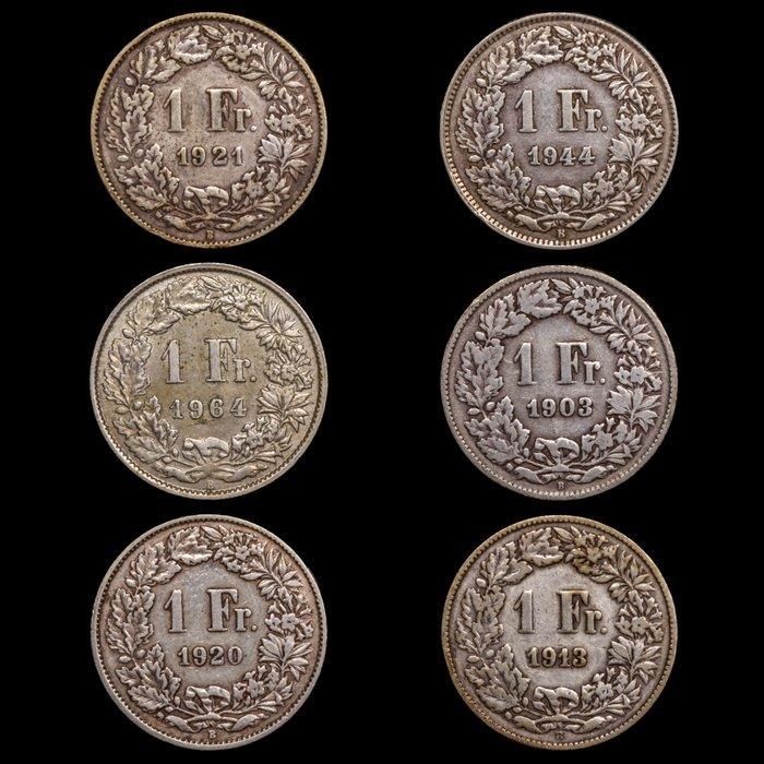 Zwitserland. 1 Franc 1903 -1964 / 6 monedas (Zonder, Postzegels en Munten, Munten | Europa | Niet-Euromunten