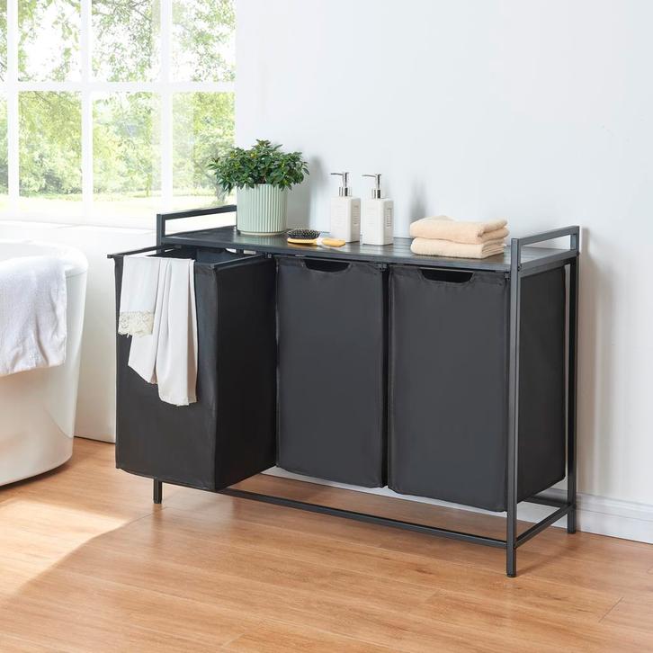 [en.casa] Wasmand Saltvik met 3 zakken 75,5x102,5x38 cm zwar, Huis en Inrichting, Badkamer | Badtextiel en Accessoires, Verzenden